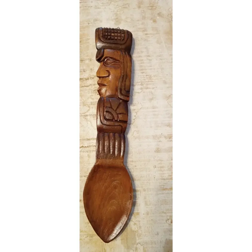 Vtg El Salvador Hand Carved Wood Spoon Fork Knife Set Wall Decor Indigenous Face